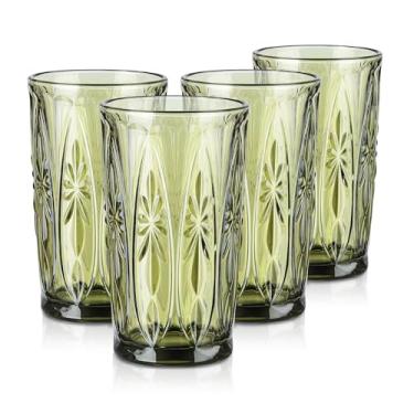 Imagem de Joeyan Copos de beber vintage verdes, copo de água alto em relevo com design floral, 400 ml, copos decorativos coloridos para bebidas, suco, uísque, coquetel, cerveja, vinho, conjunto de 4, pode ser