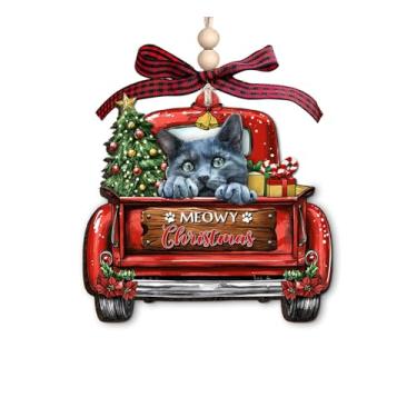 Imagem de Enfeite de Natal azul russo – Linda decoração de Natal para amantes de gatos – Enfeite de caminhão vermelho de madeira de 3 camadas para donos de animais de estimação – Enfeite de pendurar para árvore