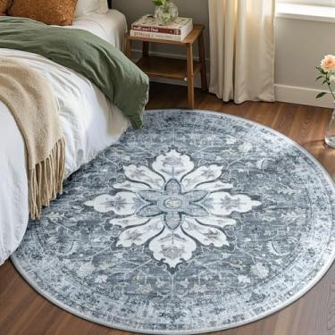 Imagem de RELEANY Tapetes de área de 1,2 m, lavável, antiderrapante, estampa floral, vintage, tapete medalhão para sala de estar, quarto, sala de jantar, cinza claro, branco