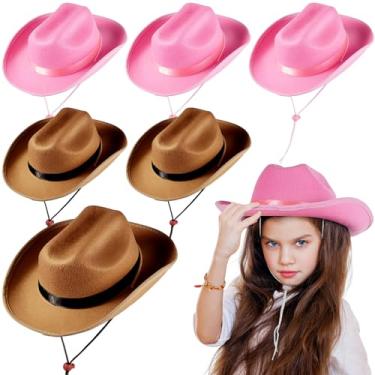 Imagem de Hercicy 6 peças de chapéu de caubói infantil, chapéu de vaqueira ocidental para meninos e meninas, artigos para despedida de solteiro (rosa, café)