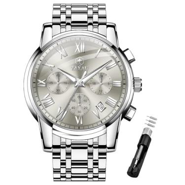 Imagem de Taxau Relógio masculino masculino à prova d'água, luxuoso, cronógrafo, de aço inoxidável, analógico, quartzo, com data, multifunções, número romano, luminoso, reloj para Hombre, Relógio cinza -