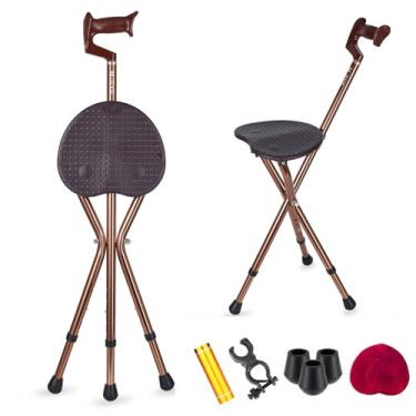 Imagem de BSROZKI Bengala de caminhada resistente com assento dobrável, capacidade de 199 kg, ajustável, liga de alumínio, marrom com luz LED