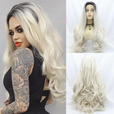 Imagem de Kalisa Peruca ondulada encaracolada feita à mão, ombré, peruca frontal de renda, com raiz escura, festa intermediária, cosplay para mulheres negras, meninas, 61 cm, 150% (festa à fantasia, cosplay