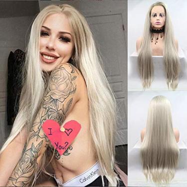 Imagem de Peruca loira frontal de renda para mulheres, raízes claras, marrom, ombré, resistente ao calor, cabelo longo natural, liso, peruca pré-arrancada, sem cola, sintética, macia, longa, arrastada, festa