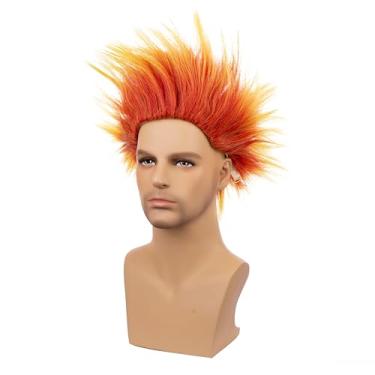 Imagem de Edivd Peruca infantil masculina com chama fogo curto vermelho laranja peruca reta resistente ao calor perucas sintéticas com boné