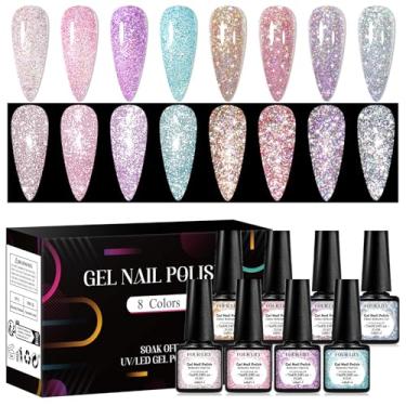 Imagem de Four Lily Conjunto de esmalte de gel com glitter reflexivo para 8 cores, incluindo rosa, prata, roxo, verde, kit de esmalte de gel holográfico para manicure de salão e arte de unhas, faça você mesmo