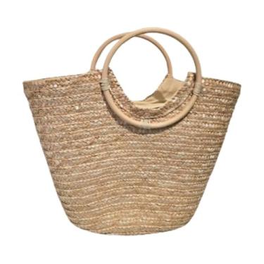 Imagem de Bolsa Grande Cesta Feminina Ombro Praia Piscina Alça Madeira Fechamento Em Ziper Moda Verão