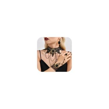 Imagem de Hisatan Acessórios góticos a bruxa preta gargantilha colar pulseiras brincos conjuntos para mulheres, joias vitorianas góticas renda steampunk baile de máscaras Lolita acessórios, azul roxo, tamanho