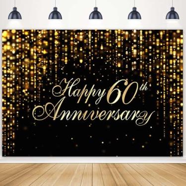 Imagem de Ayayiya Pano de fundo de feliz aniversário de 60 anos, faixa de festa de aniversário de 60 anos, fundo de fotografia de bokeh dourado preto com bolinhas bokeh para casais torcendo aos 60 anos