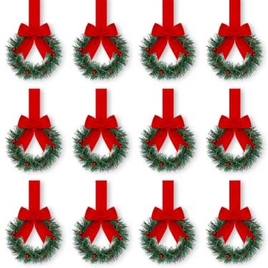 Imagem de Retrowavy 12 grinaldas de armário de cozinha de Natal com fita, mini guirlanda de Natal de 9 cm pequena decoração de Natal para porta de janela (vermelho escuro, estilo clássico)