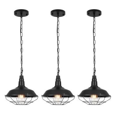 Imagem de UShe DHome Luz pendente preta ilha de cozinha, pacote com 3, luminária pendente de fazenda com gaiola de arame de metal, luzes suspensas industriais para pia de cozinha, celeiro, sala de jantar