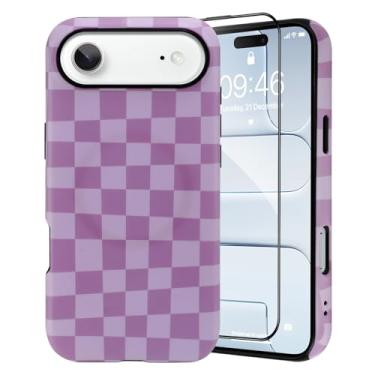 Imagem de SAKUULO Capa magnética para iPhone 2025 Air Cream Purple Checkmate Print Pattern [Compatível com MagSafe] Capa de proteção reforçada com carregamento sem fio, creme roxo xeque-mate (6,7 polegadas)
