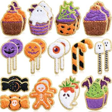 Imagem de WILLBOND 28 adesivos de chenille de Halloween autoadesivos para decoração de festa temática de Halloween, cupcakes fofos, apliques bordados para artesanato, roupas, mochilas