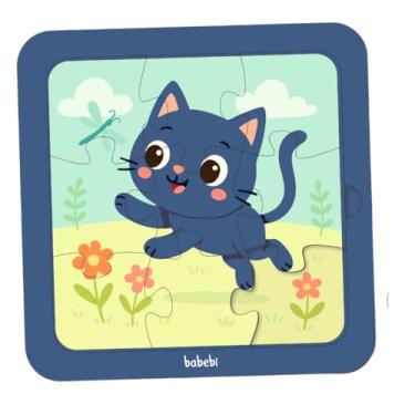 Imagem de Babebi Quebra-Cabeça Infantil de Gatinho, 9 Peças, Azul Marinho com Fundo Verde