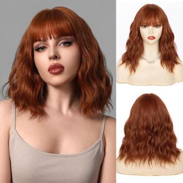Imagem de Peruca NAYOO Auburn Bob 35 cm cobre vermelha ondulada com franja