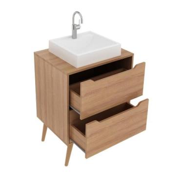 Imagem de Balcão Gabinete para Banheiro 60cm com 2 Gavetas MDP Amêndoa Pés Retrô