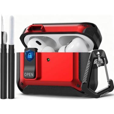 Imagem de Compatível com AirPods Pro 3 Case Lock 2025, capa protetora à prova de choque para AirPods iPod Pro 3ª geração para homens e mulheres com kit de limpeza e mosquetão preto/vermelho