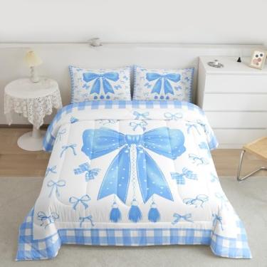 Imagem de jejeloiu Conjunto de edredom kawaii, tamanho casal, com laço fofo, para crianças, meninos, meninas, azul, edredom com gravata borboleta, decoração de quarto, 3 peças com 2 fronhas