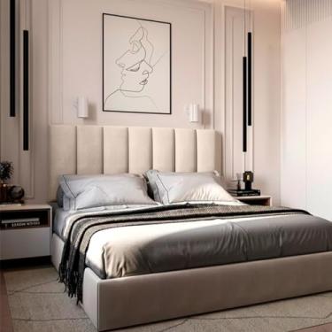 Imagem de Cabeceiras Estofada Modular Cama Casal Queen Painel 1,60mX60cm Módulos Adesivos (Bege)