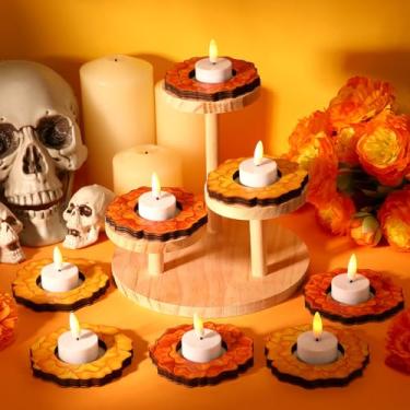 Imagem de LemonRoad 12 peças de castiçais de madeira Dia dos Mortos Día De Los Muertos mesa de calêndula para decoração de mesa de casa decoração de festa mexicana dia dos mortos lembrancinhas de festa de