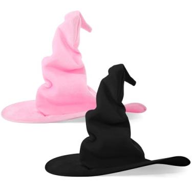 Imagem de JenPen 2 peças de chapéu grande de bruxa de Halloween para mulheres, chapéu grande de veludo, franzido, feiticeiro, aba larga, baile de máscaras, cosplay (preto e rosa)