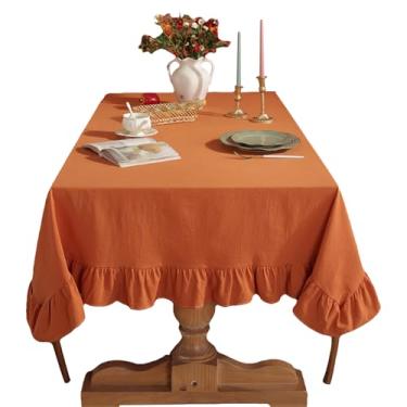 Imagem de apott Toalha de mesa Farmhouse com babados, toalha de mesa de algodão laranja e linho com babados, toalhas de mesa chiques, sobreposição decorativa rústica para cozinha, 139 x 199 cm
