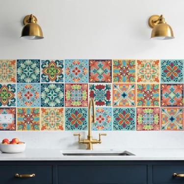 Imagem de meihea Pacote com 30, adesivos coloridos de azulejo boêmio, 10 x 10 cm, vinil de patchwork para backsplash, escadas e móveis