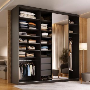 Imagem de Guarda-roupa Closet Casal 100% Mdf Bp 208cm com 1 Porta Espelho 3 Gavetas Sion Preto