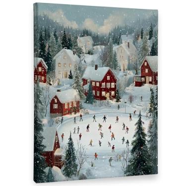 Imagem de PHAMTE Tela para decoração de parede de patinação no gelo de Natal, inverno, 28 x 35 cm, decorações de imagens de cidade natalina, aconchegante, vila de inverno, Natal, férias, obras de arte
