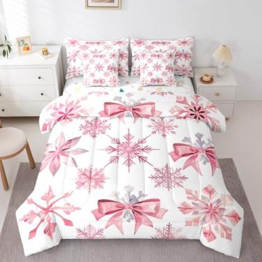 Imagem de Jogo de cama queen com laço rosa, floco de neve, decoração de Natal, cama kawaii, decoração de Natal (edredom + lençol de cima + 2 fronhas + 2 capas de travesseiro), conjunto de cama com 7 peças