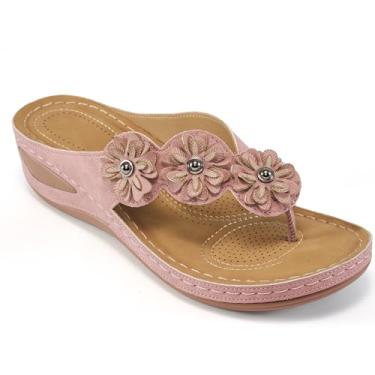 Imagem de Sandália anabela casual feminina confortável com clipe de flor para o verão e praia, sapato feminino estilo boêmio plataforma, rosa, 9