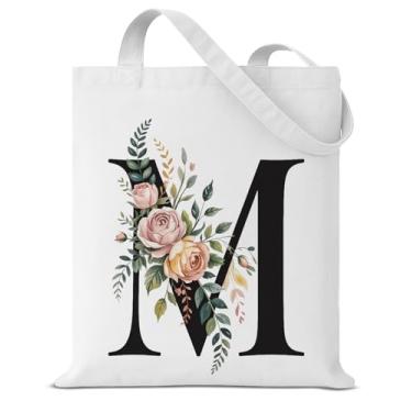 Imagem de Sacola de lona inicial M para mulheres, meninas, floral, letra M, personalizada, reutilizável, mercearia, bolsa de ombro para compras, viagens, trabalho, praia, monograma, presentes