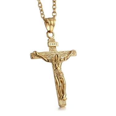Imagem de Colar com pingente de crucifixo de Jesus Cristo de aço inoxidável para homens católicos INRI joia presente para estilo fiel, acessório diário - prata/ouro/ouro retrô, 24inches, Aço inoxidável, Sem
