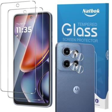 Imagem de Natbok Pacote com 2 + 2 protetores de tela para Moto G 5G 2025 com protetor de lente de câmera, película de vidro temperado 9H de cobertura total, resistente a arranhões, sem bolhas para Motorola Moto
