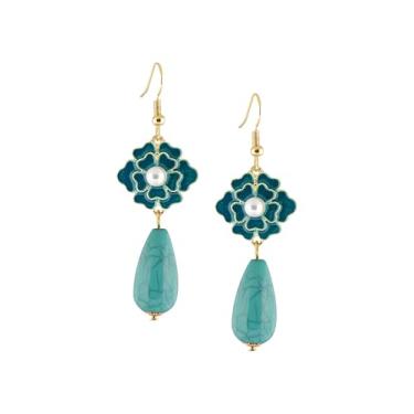 Imagem de MINACHI Brincos de gota Boho floral pérola sintética turquesa criada, joia vintage boêmia, presente para mulheres