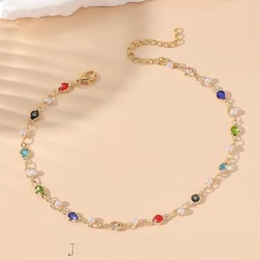 Imagem de Tornozeleira com contas de arroz coloridas - tornozeleira - JL22 imitação de cristal redondo colorido pérola, One size fits all, Metal