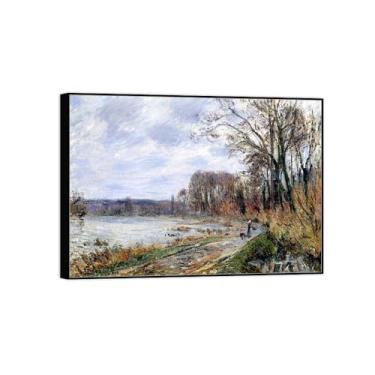 Imagem de BMZFYBS Imagem de arte de parede de paisagem - impressões em tela vintage - Rio no inverno - pintura com moldura preta para sala de estar decoração de casa de fazenda 90 x 125 cm 35 x 49 pol