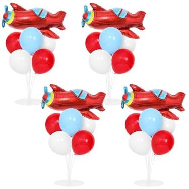 Imagem de 4 Sets Airplane Birthday Party Balloons Stand Kit with 4 Plane Helicopter Foil Balloons Red Blue White Theme Party Balloon Centerpiece for Table for Adventure Time Flies Baby Shower Parties Decoration
