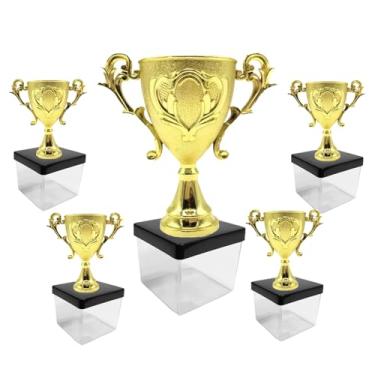 Imagem de Kit Lembrancinha Tema Futebol: Caixinha Acrílica Quadrada + Mini Troféu Dourado Decoração Mimos Festa Campeão (10 Troféu 10 Caixa 5x5 Tampa Preta)