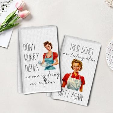 Imagem de 2 peças de toalhas de cozinha engraçadas Sassy Lady 35 x 61 cm, pano de prato decorativo de microfibra absorvente retrô toalha de chá, toalhas de mão waffle para cozinha, casa, banheiro, 3