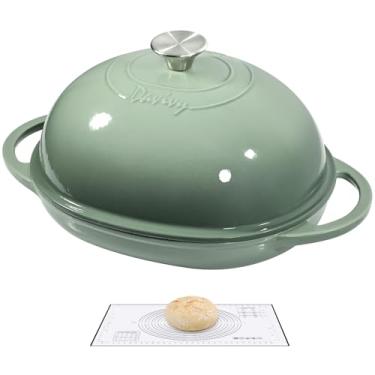 Imagem de Davivy Forno holandês oval esmaltado de 6 litros para assar pão de fermento com tampa, forma oval de ferro fundido com tampa, assadeira de fermento de ferro fundido, com luvas de silicone - verde sal