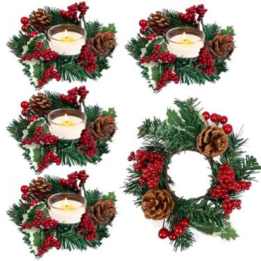 Imagem de 4 peças de anel de vela de Natal artificial de frutas vermelhas com pinhas e guirlanda de Natal para decoração de mesa de jantar em casa de Natal