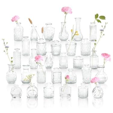 Imagem de GarDream Vasos vintage Bud a granel 30, vasos pequenos para flores, vaso de vidro transparente boho para centros de mesa, mesas de casamento, mini vaso decorativo em relevo para festa, chá de bebê