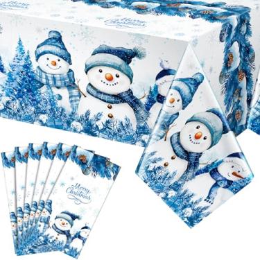 Imagem de Remagr 6 peças de toalha de mesa de plástico de boneco de neve de Natal, capa de mesa de floco de neve, 137 x 272 cm, decorações de mesa de árvore de Natal descartáveis para decoração de mesa de