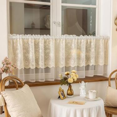 Imagem de HiSnug Cortinas de saia de camada dupla 45,7 cm de comprimento, bolso duplo com filtro de luz, cortinas de janela com bordado para café, cozinha, banheiro, sala de estar, bege, 1 painel, 139,7 cm L x