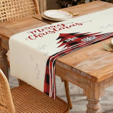 Imagem de Caminho de mesa de Natal 33 x 91 cm - Decoração de mesa de jantar de cozinha de inverno para decoração de casa, árvore de Natal xadrez estampada e flocos de neve para decoração de férias de inverno