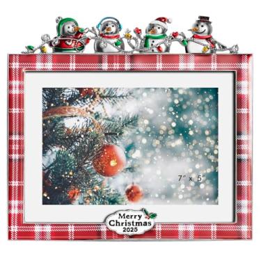 Imagem de Xmas station Porta-retrato de Natal 12 x 18 cm, molduras para fotos com strass branco, vidro de alta definição, decoração de mesa (boneco de neve 2025, grade vermelha)