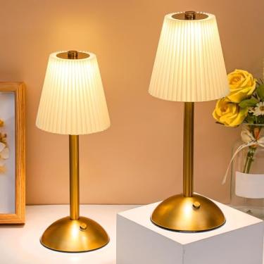 Imagem de Liliful 2 peças de candeeiro de mesa LED portátil sem fio, operado por bateria, recarregável, dourado, 3 cores, regulável para quarto, sala de estar, jantar (dourado, estilo tecido bege)