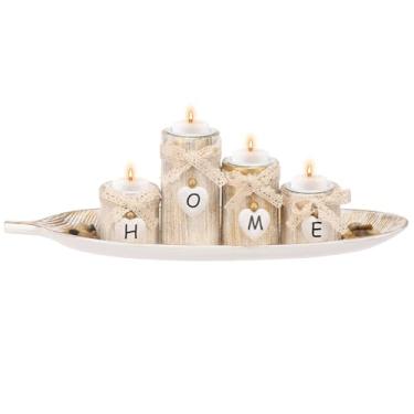 Imagem de Conjunto de castiçais Tealight com bandeja de pedras decorativas, conjunto de 4 peças de castiçal de madeira para decoração de mesa de casamento, suporte de vela grosso para Natal, Ação de Graças