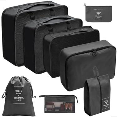 Imagem de Kit Organizador de Mala 8 Peças Packing Cubes com Compressão Porta Sapatos Necessaire Transparente Roupas Sujas para Viagem (Preto)
